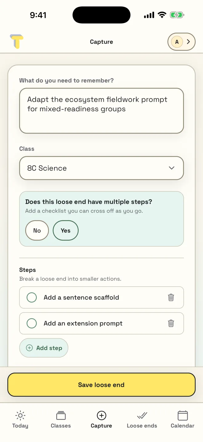Made to Teach capture screen with a loose end attached to 8C Science and a two-step checklist.